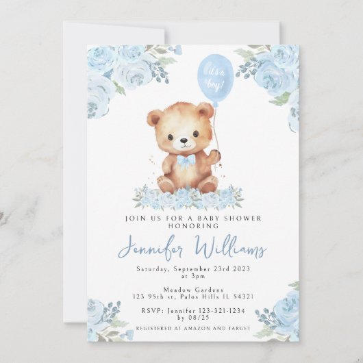 Blauwe ballon teddybeer zijn een jongen baby showe kaart (Voorkant)