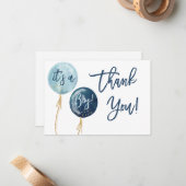 Blauwe ballonnen baby shower dank u notitiekaartje (Voorkant / Achterkant in situ)