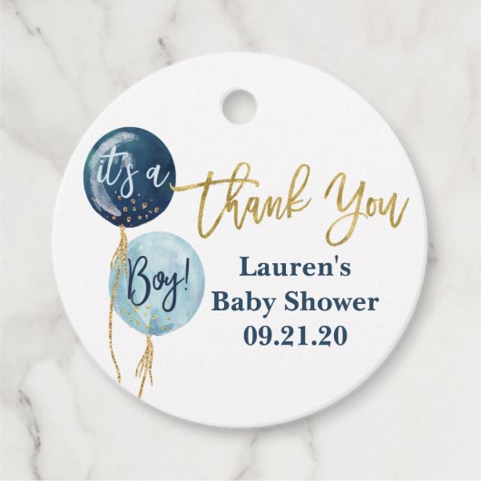 Blauwe ballonnen baby shower jongen bedankjes labels (Voorkant)