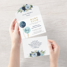 Blauwe ballonnen baby shower jongens uitnodiging