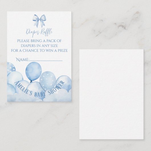 Blauwe ballonnen Baby shower luier Raffle Informatiekaartje (Voorkant / Achterkant)