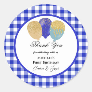 Blauwe Ballonnen & Blauwe Gingham Dankjewel Ronde Sticker