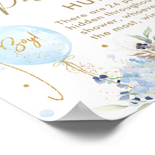 Blauwe Ballonnen Bloemen Jongen Baby Fopspeen Hunt Poster (Hoek)