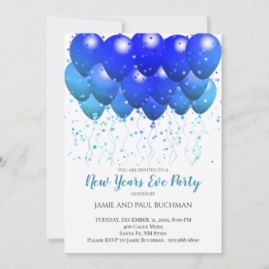 Blauwe ballonnen Confetti White nieuwjaarsfeest Kaart (Voorkant)