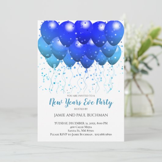 Blauwe ballonnen Confetti White nieuwjaarsfeest Kaart (Staand voorkant)