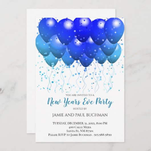Blauwe ballonnen Confetti White nieuwjaarsfeest Kaart (Voorkant / Achterkant)