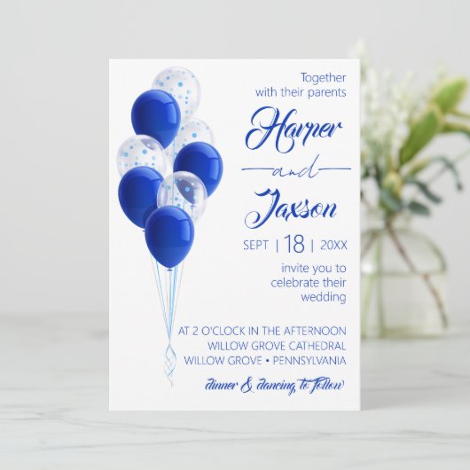 Blauwe ballonnen. Elegant trouwkaart. Kaart (Staand voorkant)