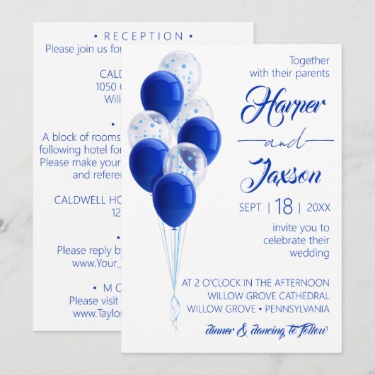 Blauwe ballonnen. Elegant trouwkaart. Kaart (Voorkant / Achterkant)