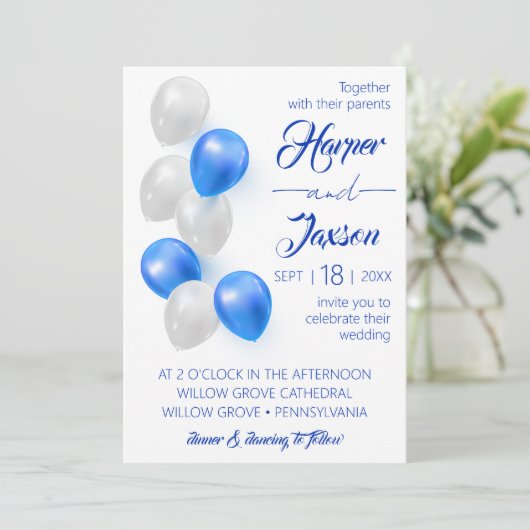 Blauwe ballonnen. Elegant trouwuitnodiging. Kaart (Staand voorkant)