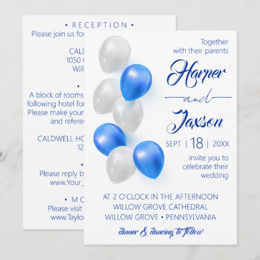 Blauwe ballonnen. Elegant trouwuitnodiging. Kaart (Voorkant / Achterkant)