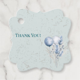 Blauwe ballonnen en achtergrond bedankjes labels