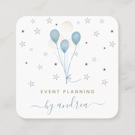 Blauwe ballonnen en sterren Kinder Event Planner Q Vierkante Visitekaartje (Voorkant)
