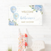 Blauwe ballonnen Floral Baby shower Welkomstachter Spandoek (Insitu)