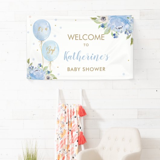 Blauwe ballonnen Floral Baby shower Welkomstachter Spandoek (Insitu)