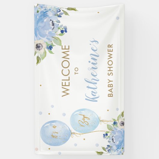 Blauwe ballonnen Floral Baby shower Welkomstachter Spandoek (Verticaal)