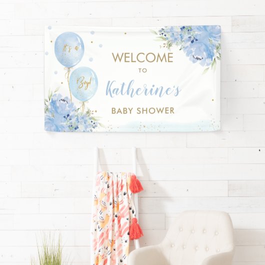 Blauwe ballonnen Floral Baby shower Welkomstachter Spandoek (Insitu)