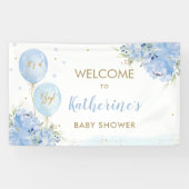 Blauwe ballonnen Floral Baby shower Welkomstachter Spandoek (Horizontaal)