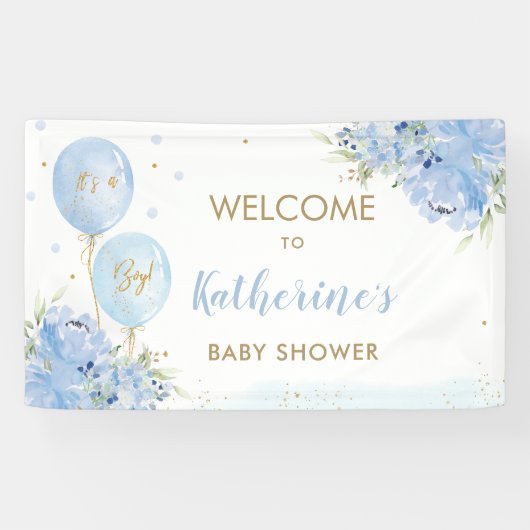 Blauwe ballonnen Floral Baby shower Welkomstachter Spandoek (Horizontaal)