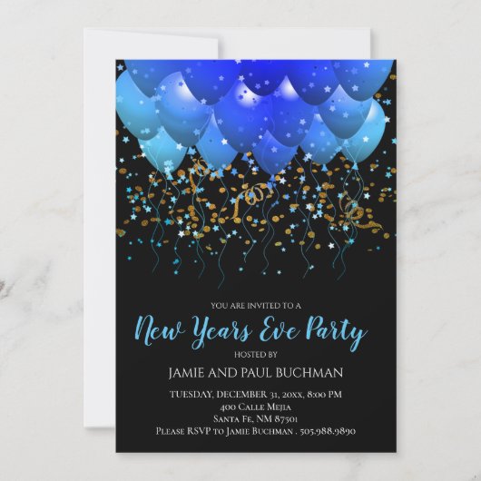 Blauwe ballonnen Gold Confetti Black nieuwjaarsdag Kaart (Voorkant)