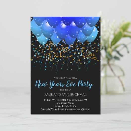 Blauwe ballonnen Gold Confetti Black nieuwjaarsdag Kaart (Staand voorkant)