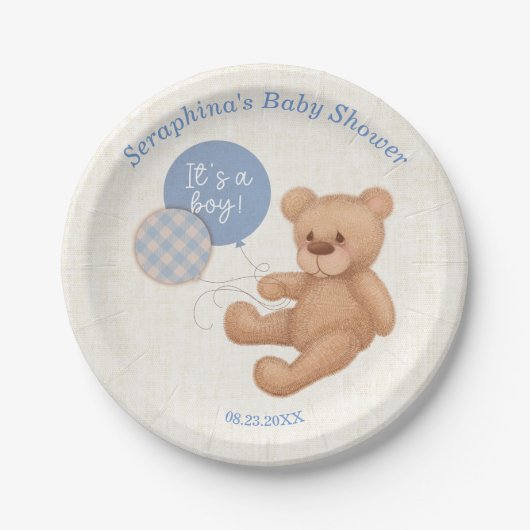 Blauwe ballonnen Teddy Bear Baby shower Paper Bord (Voorkant)