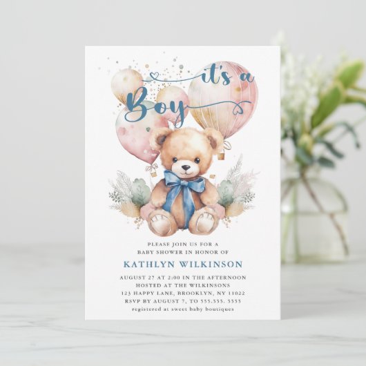 Blauwe ballonnen Teddy Bear Leuk Jongen Baby showe Kaart (Staand voorkant)