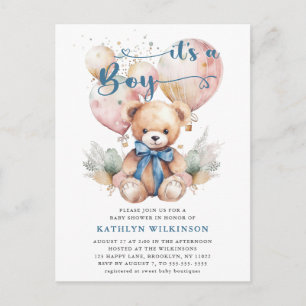 Blauwe ballonnen Teddy Bear Leuk Jongen Baby showe Uitnodiging Briefkaart