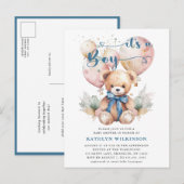 Blauwe ballonnen Teddy Bear Leuk Jongen Baby showe Uitnodiging Briefkaart (Voorkant / Achterkant)