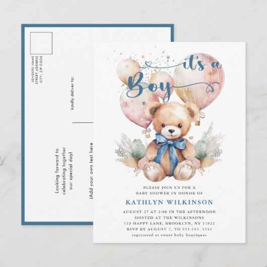 Blauwe ballonnen Teddy Bear Leuk Jongen Baby showe Uitnodiging Briefkaart (Voorkant / Achterkant)