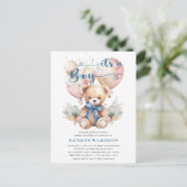 Blauwe ballonnen Teddy Bear Leuk Jongen Baby showe Uitnodiging Briefkaart (Staand voorkant)