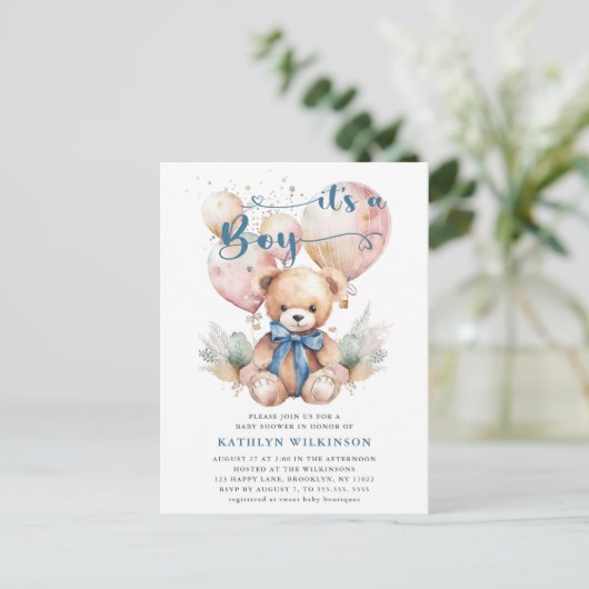 Blauwe ballonnen Teddy Bear Leuk Jongen Baby showe Uitnodiging Briefkaart (Staand voorkant)