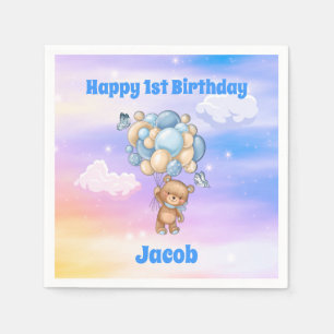Blauwe ballonnen Teddybeer 1e verjaardag Servet