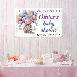 blauwe ballonnen teddybeer baby jongen douche spandoek