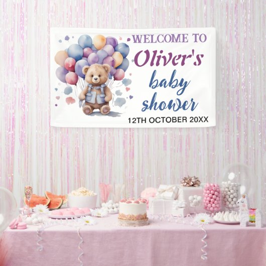 blauwe ballonnen teddybeer baby jongen douche spandoek (Feest)