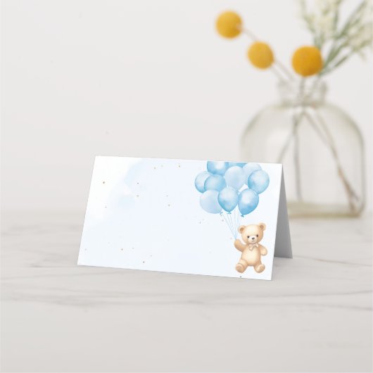 Blauwe ballonnen teddybeer baby shower plaatskaartje (Voorkant)