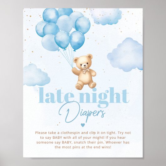 Blauwe ballonnen teddybeer Late nacht luiers Poster (Voorkant)