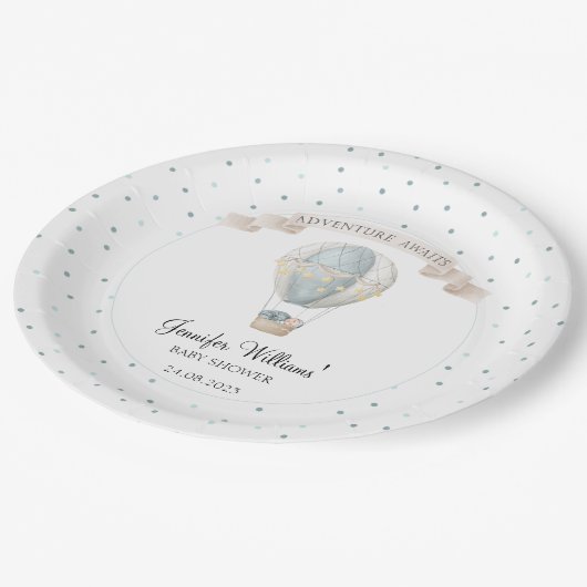 Blauwe ballonpapier met heteluchtblauw baby shower papieren bordje (Gekanteld)
