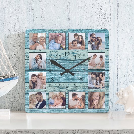 Blauwe band driftwood planken rotsvast vierkante klok