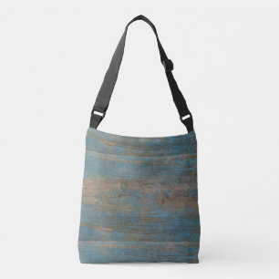 Blauwe band houtextuur crossbody tas