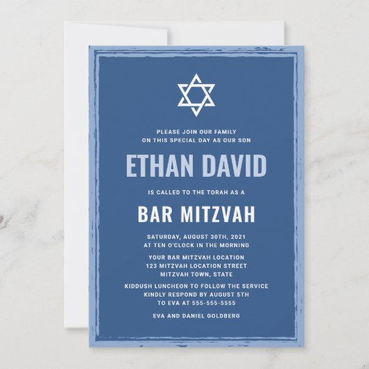 Blauwe bar mitswa uitnodigingen met ruwe rand (Voorkant)