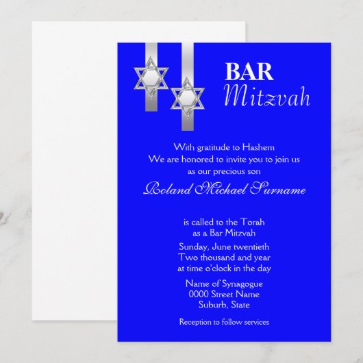 Blauwe bar mitzvah kaart (Voorkant / Achterkant)