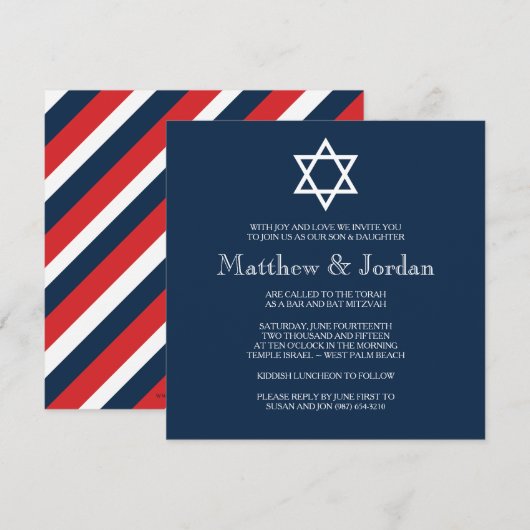 Blauwe Bar Mitzvah Party Kaart (Voorkant / Achterkant)