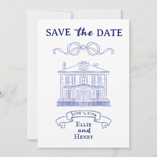 Blauwe Barok Foto Save the Date Uitnodiging (Voorkant)