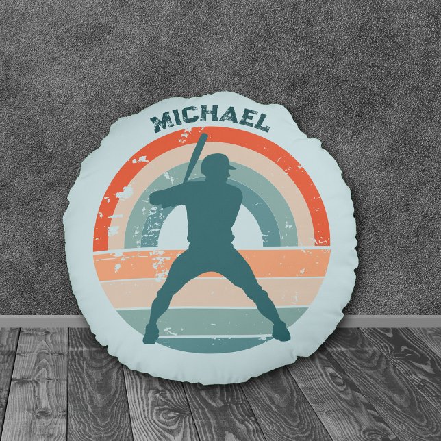 Blauwe Baseball Batter Retro Regenboog Rond Kussen (Creator heeft geüpload)