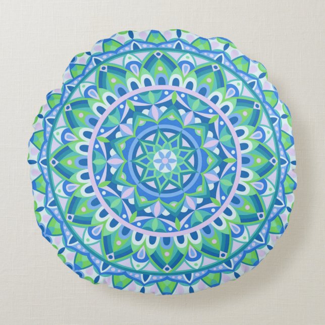 Blauwe Basis Mandala Rond Kussen (Voorkant)