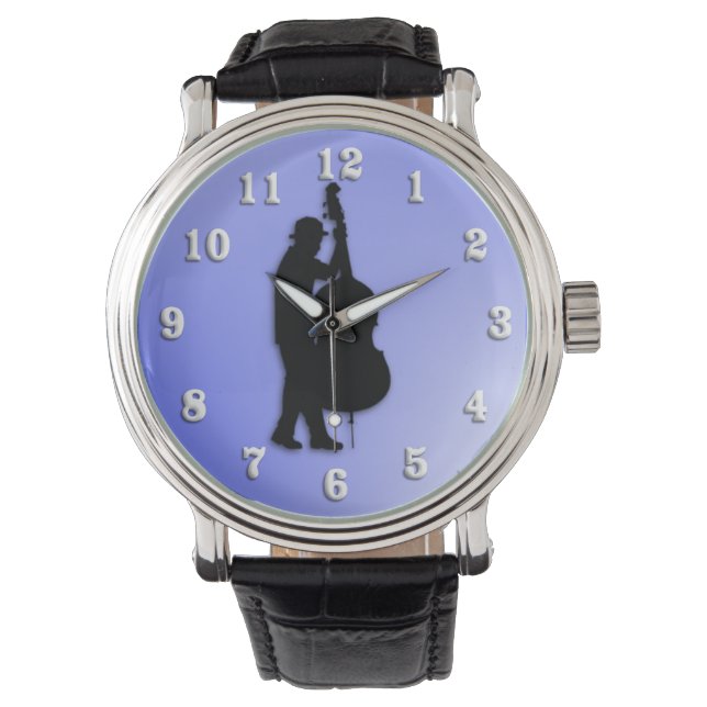 Blauwe Bass Speler Witte Getallen Horloge (Voorkant)