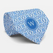 Blauwe Batik Botanische Bloemen Monogram Stropdas (Opgerold)