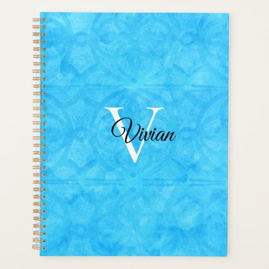 Blauwe Batik Elegante Monogram Naam Planner (Voorkant)