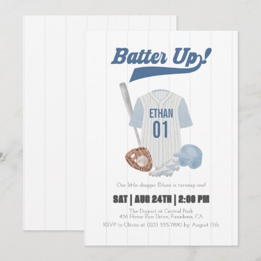 Blauwe Batter Up-honkbal eerste verjaardagsuitnodi Kaart (Voorkant / Achterkant)