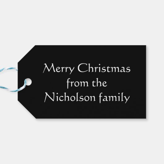 Blauwe Baubles Tekstcadeau labels zwart Cadeaulabel (Achterkant Horizontaal)